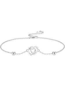 1PC Sterling Silver Anklet for Women, Infinity Heart Symbol Charm Anklet with Rose Flower, Adjustable Ankle Bracelet Jewelry