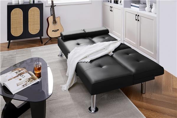 Yaheetech Faux Leather Convertible Futon Sofas& Sofa Bed with 2 Throw Pillows & Drop-down Cup Holders, 3-In-1 Adjustable Futon Couch Yaheetech Faux Leather Convertible Futon Sofas& Sofa Bed with 2 Throw Pillows & Drop-down Cup Holders, 3-In-1 Adjustable Futon Couch