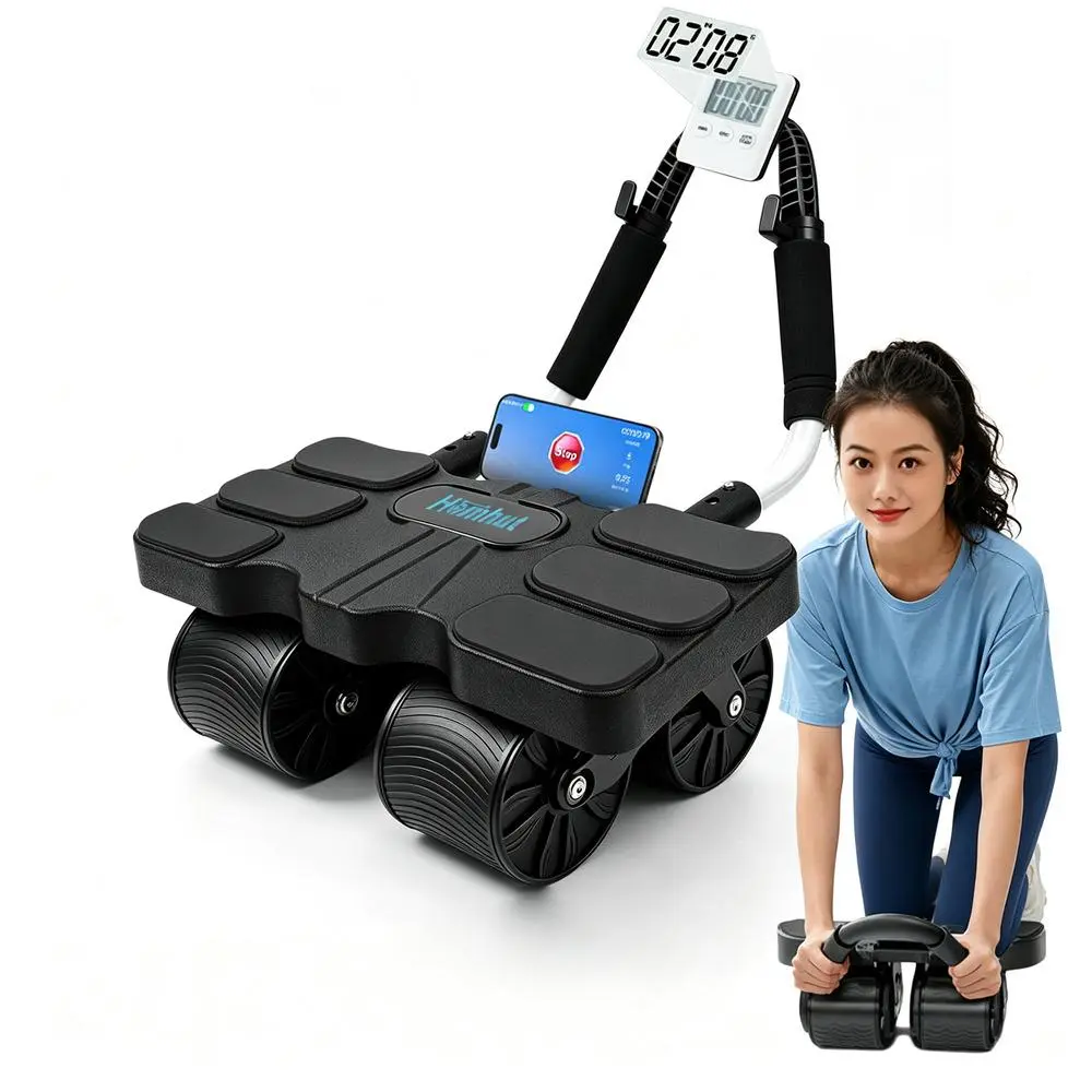Dual four-wheel core abdominal trainer with elbow rest, digital counter, and cell rack; foldable, quiet abdominal tool; pocket-sized compact fitness accessory for workout enthusiasts; tiny core training gear