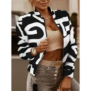 Chic Plus Size Color Block Zip-Up Jacket - Casual Long Sleeve with Abstract Print, Polyester Blend, Machine Washable - Perfect for Fall/Winter