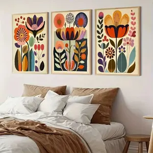 3pcs/set of Scandinavian Folk Art Floral Canvas Prints Boho Flower Print Bohemian Plant Wall Art Posters for Modern Living Rooms Nordic Home Decor  frameless
