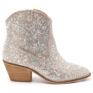 Corkys Womens Shine Bright Rhinestone Round Toe Pull On Dress Boots Ankle Low Heel 1-2" - Silver