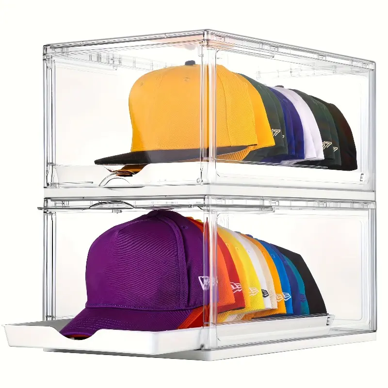 Homsorout Hat Organizer For Baseball Caps - 2-Pack Stackable Storage Boxes With Clear Lids & Drawers