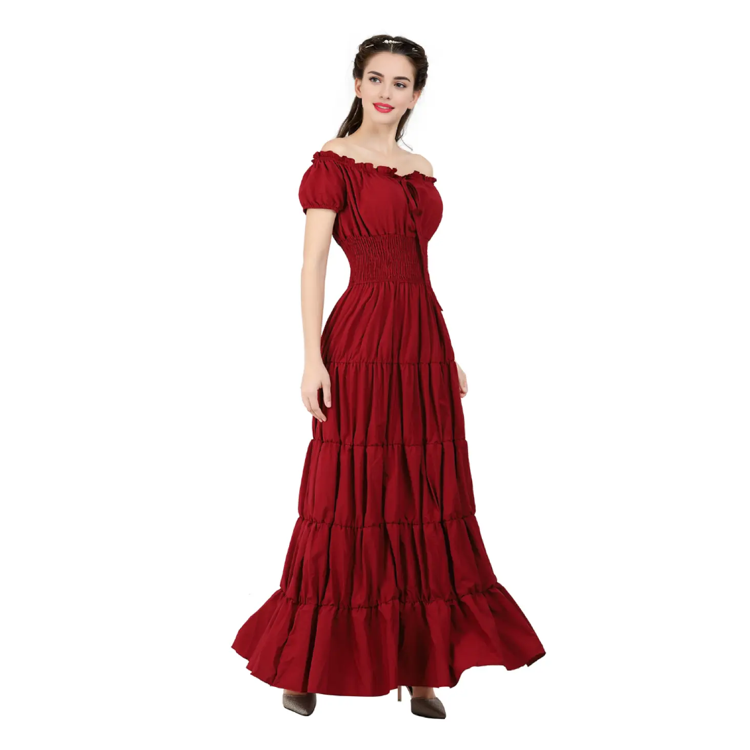 Effortless Renaissance Costume Women Medieval Irish Under Dress Retro Gown Wench Peasant Smocked Waist Long Dresses Halloween Costumes Girls Party Outfit Gothic Dress,summeroutfits,vacationoutfits,beachoutfits