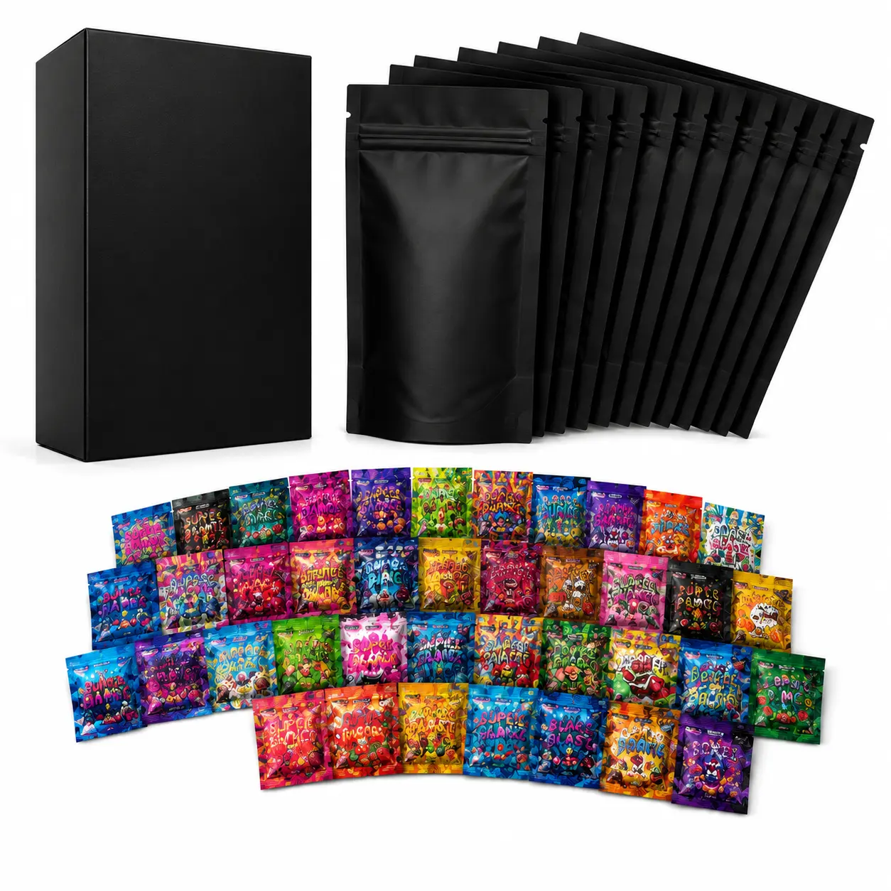 12 Mix 3D Display Boxes + Matching 3.5g Mylar Bags Variety Pack | 8th Bags | Smell Proof Bags