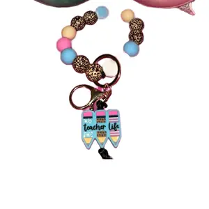 Teacher Whistle Keychain - Colorful Bead Bracelet with Keyring Attachment, Featuring "Teacher Life" Design