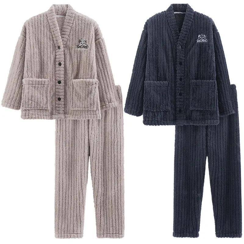 Couples' Matching Pajama Sets in Elegant Coral Fleece & Classic Flannel, Casual Long-Sleeve Loungewear for Autumn-Winter, Pajama Set