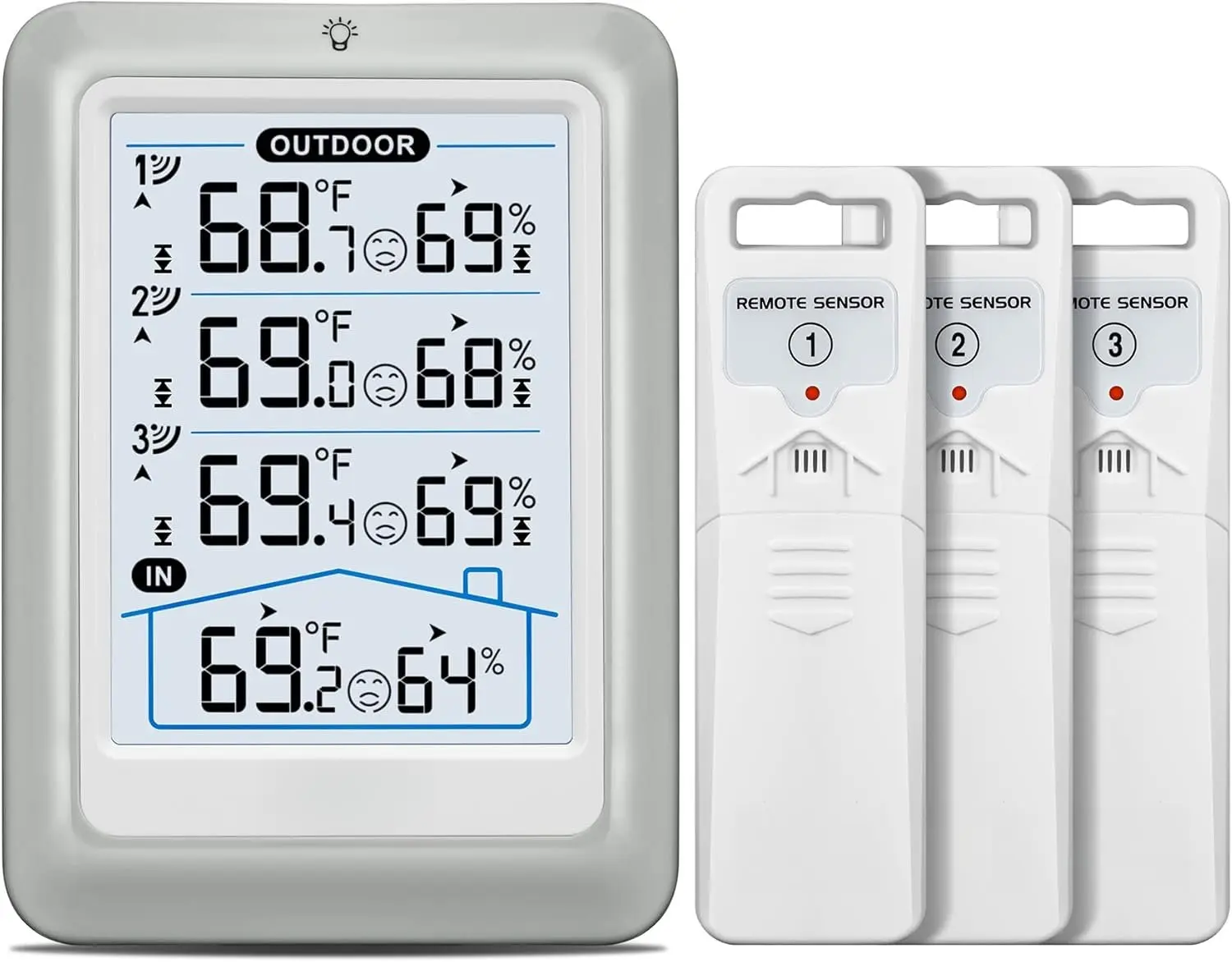 Digital Hygrometer Thermometer with 4.5-Inch Compact and Easy-to-Read Display, Wireless 3 Sensors, 330ft Range, Adjustable Backlight for Indoor-Outdoor Home Improvement, Garden, Pool & Hot Tub Use