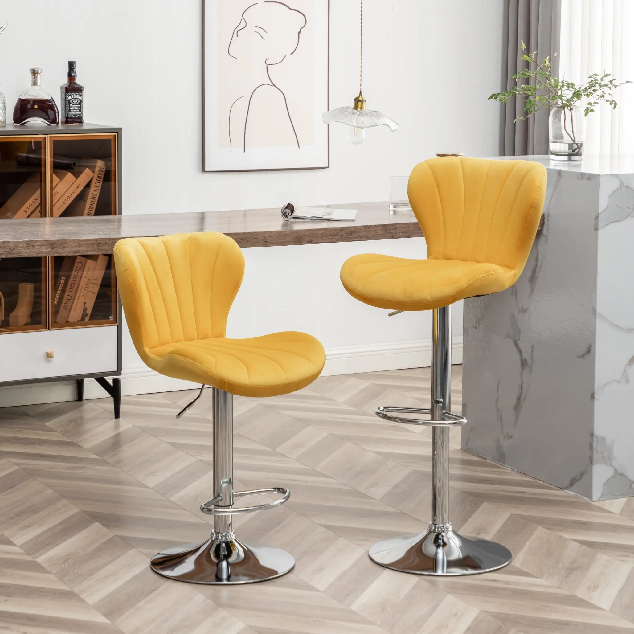 Ellston Upholstered Adjustable'swivel Barstools in Yellow, Set of 2