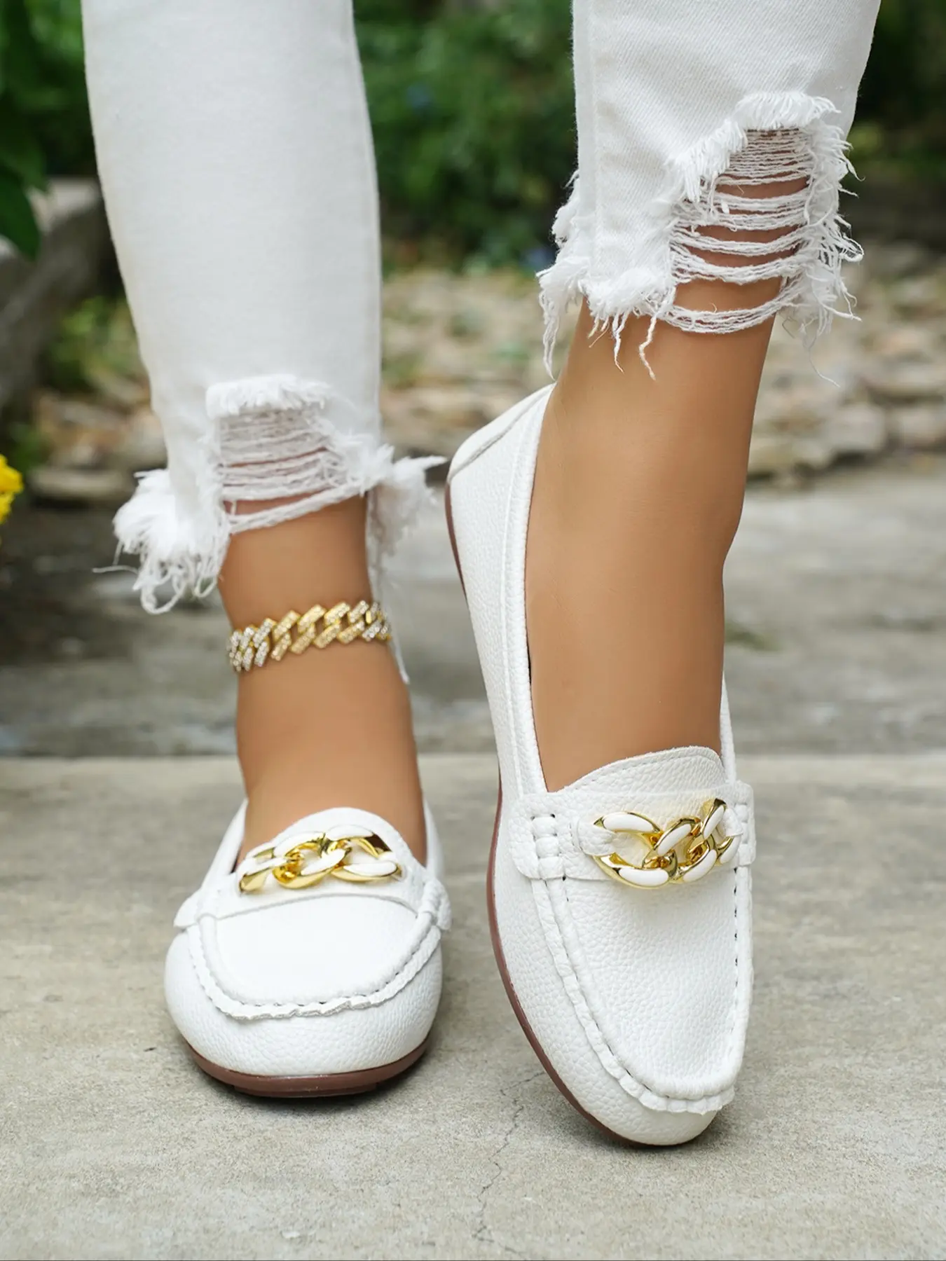 Women's Autumn New Chain Decoration Lightweight Slip Ons, Comfortable Multi-Functional Rubber Sole Shoes Casual Flat Footwear Casual Flats for Daily Wear