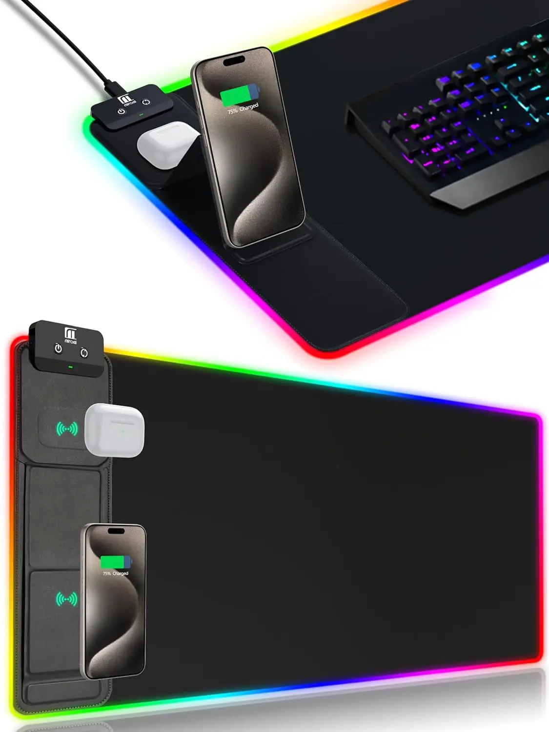 XXL Gaming Mouse Pad with Magnetic Wireless Charging, Large Desk Pad Protector, RGB Black Mousepad Desk Mat with 15W Fast Charger, 4mm Thick Non-Slip,