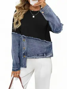 Women's Denim Patchwork Hoodie, Spring & Fall Fashion, Casual Wear, Slim-Fitting Ladies' Outerwear, Plain Pattern, No Zipper