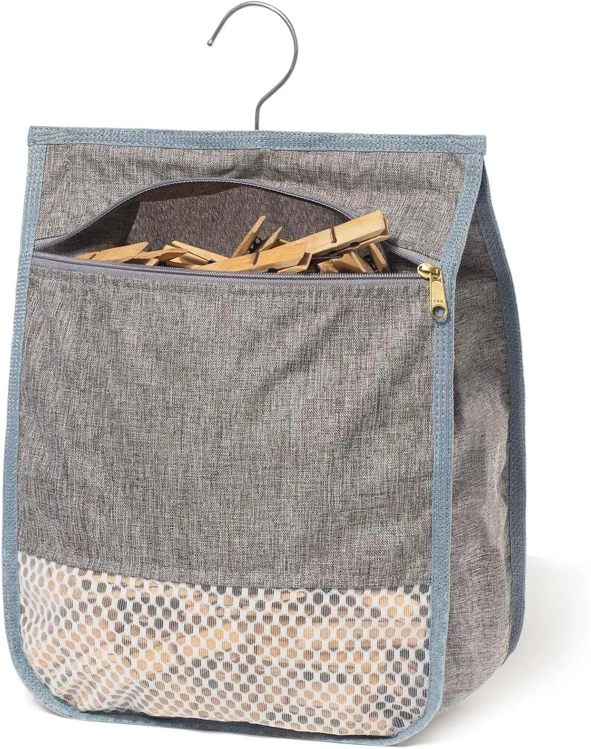 Waterproof Laundry Clothespin Bag for Outdoor Clothesline, YKK Zipper Closure Organizer with Large Opening, Large Capacity & Hooks (Grey), Water Proof