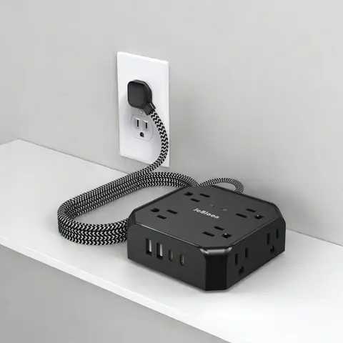 JcBlaon Durable Construction Surge Protector Power Strip - 8 Wide Outlets, 4 USB Ports (2 USB-C), 5 Ft Braided Cord, Flat Plug, Wall Mount, 110-240V, Home Office Convenient Charging Hub