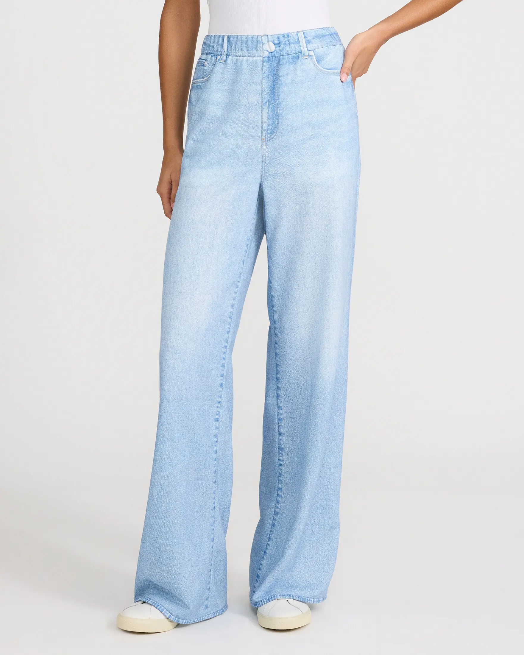 Express High Waisted Pull On Wide Leg Light Wash Knit Jeans