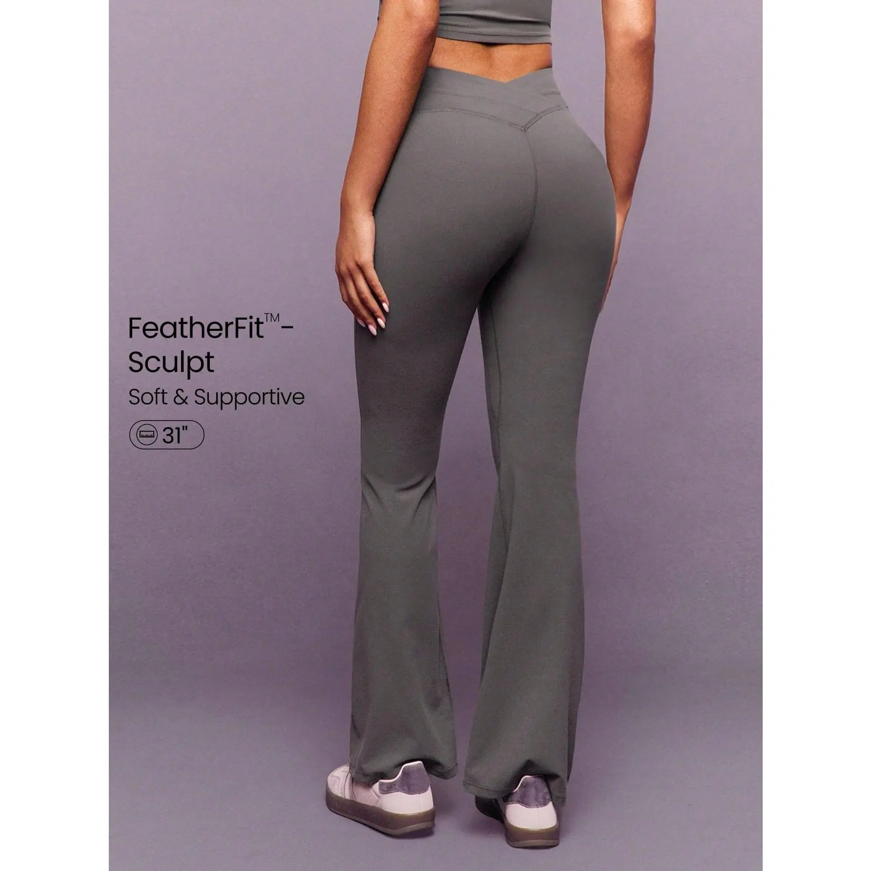 GLOWMODE 31" FeatherFit™-Sculpt Power Flare Soft Stretchy Compressive Crossover Back Leggings High-Impact Running Jogging Training Gym Studio Daily Active Wear