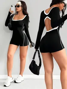 Women's Square Neck Long Sleeve Backless Romper, Elastic Tight Fit, Casual Street Style Streetwear, Perfect for Daily Wear, Parties, Vacations
