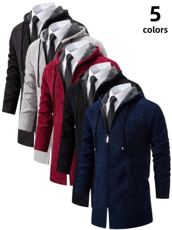 Men's Mid-Length Hooded Zip Up Cardigan Sweater Coat Fleece Lined Long Knit Windbreaker Jacket Great Value Warm Windproof Soft Stretch Relaxed Fit for Men Casual Daily Work Fall Winter Outerwear Menswear Tops