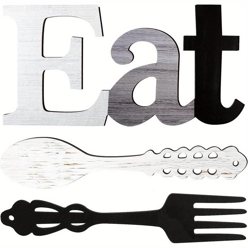 Eat Sign Set with Fork and Spoon Wall Decor Rustic Wood Country Art for Kitchen Home 35x17.5cm Durable Wooden Letters Stylish Colors Easy Hang Hooks Ornaments Hangable