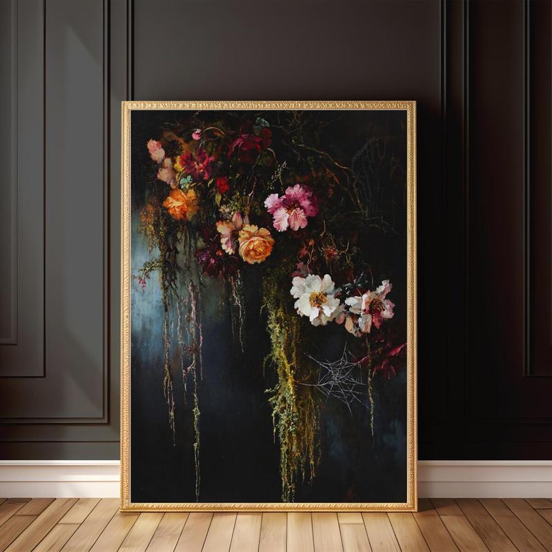 Moss Wall Art, Cottagecore Witchy Boho Botanical Print, Whimsigoth Cobweb Victorian Flower Poster, Dark Floral – 5 Size, 8x12 to 27x40 inch, Room Decor, Unframed