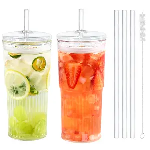 Puraville 2 Pack 20oz Glass Cups with Lids and Straws, Mason Jar High Borosilicate Drinking Glasses Iced Coffee Cup, Glass Tumbler Smoothie Cup for Long Drinks