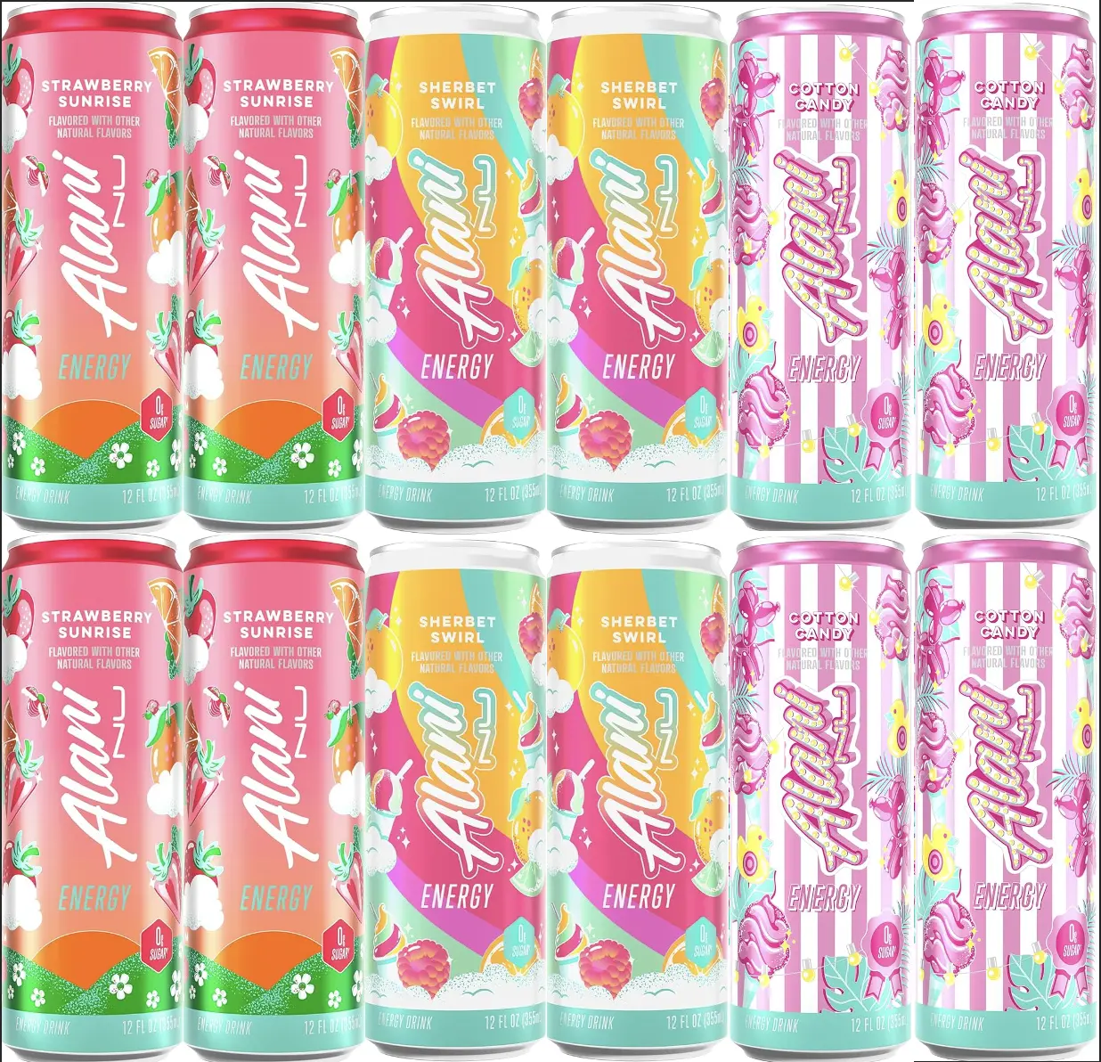 Alani Nu Energy Variety Pack - Strawberry, Sunrise Sherbet Swirl, and Cotton Candy - 12 Pack