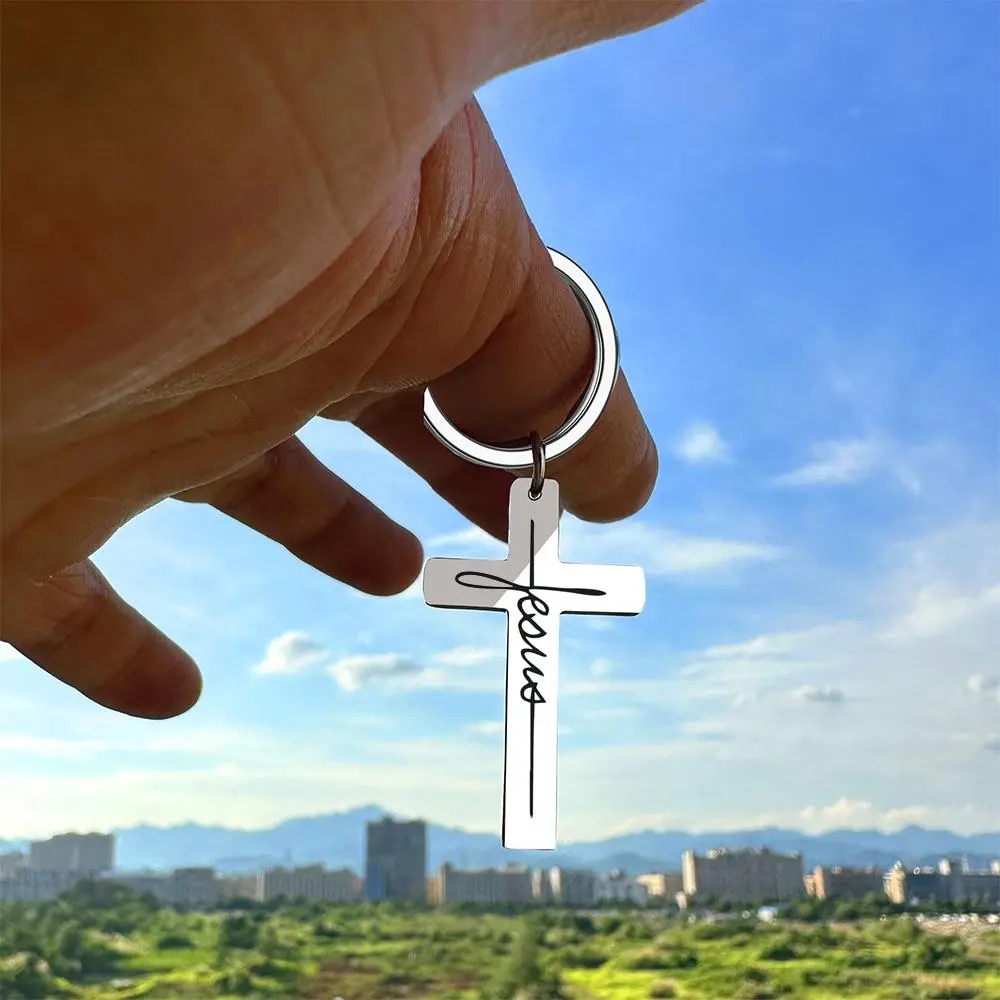 1pc Stainless Steel Clip-On Corrosion Resistant Chain-Attached Chrome Chain D-Clasp Keychain with JESUS Metal Pendant, Faithful Gift for Christmas, Birthday, Clip-On Keychain Keychains, Corrosion Resistant Keychains