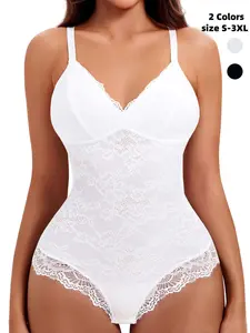 Women's Contrast Lace Sheer Shapewear Bodysuit, Backless Shapewear Waistband Shaping Bodysuit, High Stretch Shaper, Tummy Control Butt Lifter, Seamless Shaper