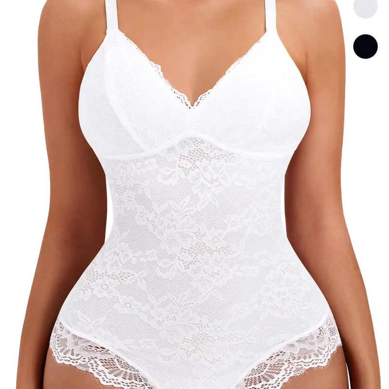 Women's Contrast Lace Sheer Shapewear Bodysuit, Backless Shapewear Waistband Shaping Bodysuit, High Stretch Shaper, Tummy Control Butt Lifter, Seamless Shaper, Spaghetti Strap