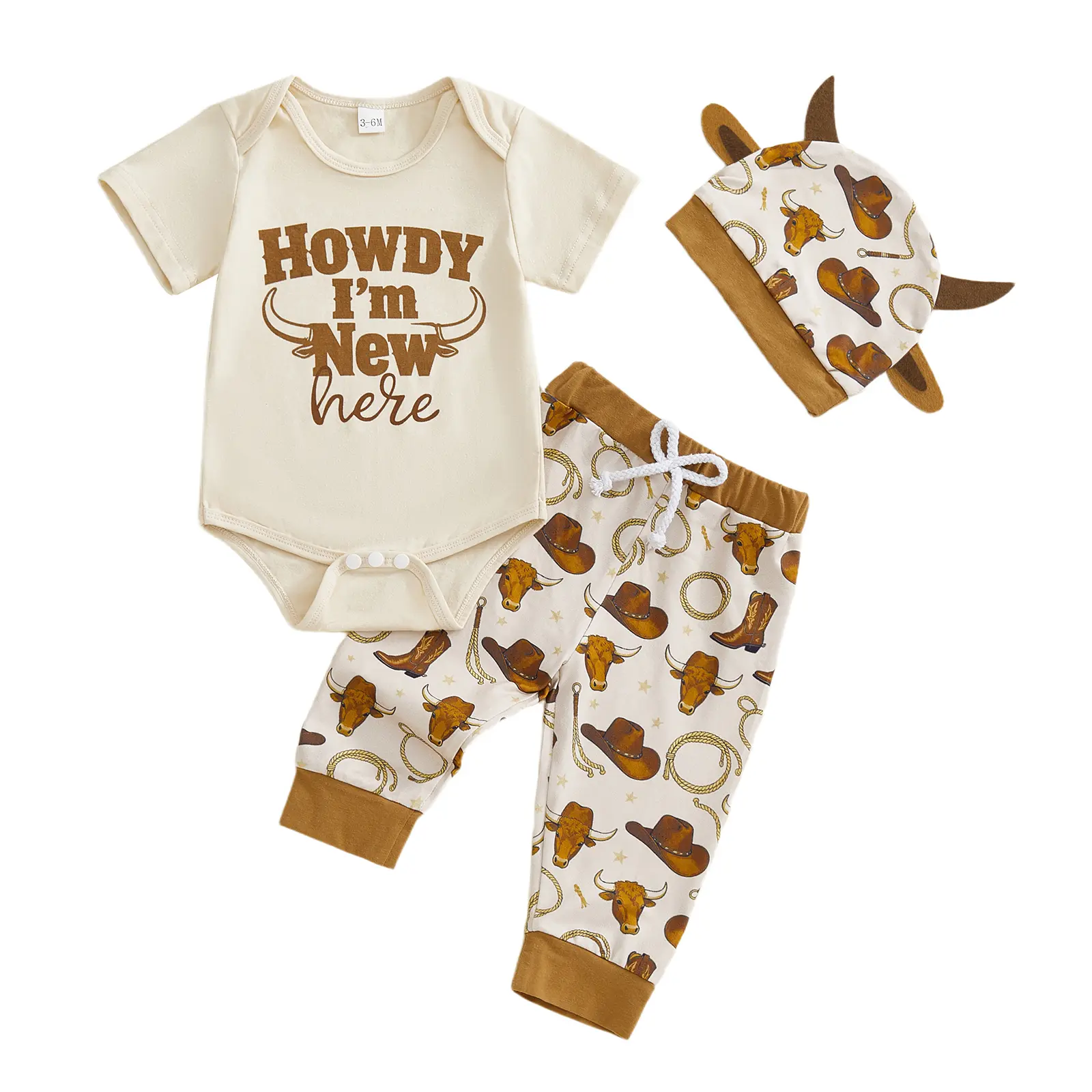 Baby Boy 3-Piece Western Baby Clothing Gift Set - Short-Sleeve Cowboy Print Romper, Cattle Head Motif Pants, Hat, Age-Specific Sizes for Summer