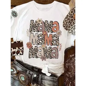 Leopard MAMA Flower Print Women's Solid Color Oversize Round Neck Short Sleeve Simple Tops Daily Casual Summer Modest Tops Casual Women T-Shirt Summer Shirts White