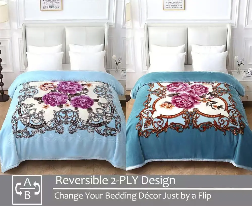 2-Ply Reversible Floral Fleece Blanket, Soft Plush Warm Bed Blanket for Fall and Winter, Blue Peony, 75 x 87 in