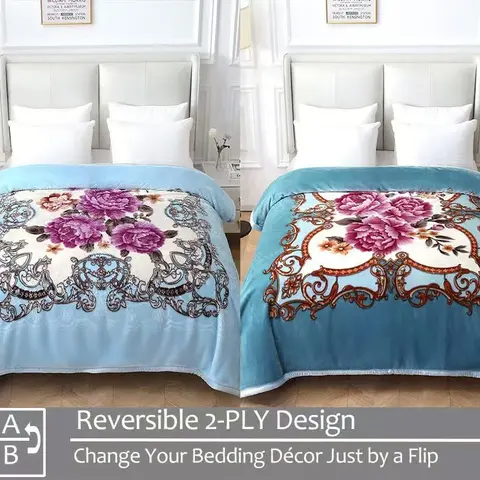 Blue 2-Ply Floral Print Fleece Camping Blanket - 75x87in, Cozy Warm, Fluffy Soft, Durable, Double Sided, Foldable, Machine Washable, Unisex for Fall-Winter Home Decor (Blue/Peony), Cozy Warm Blanket