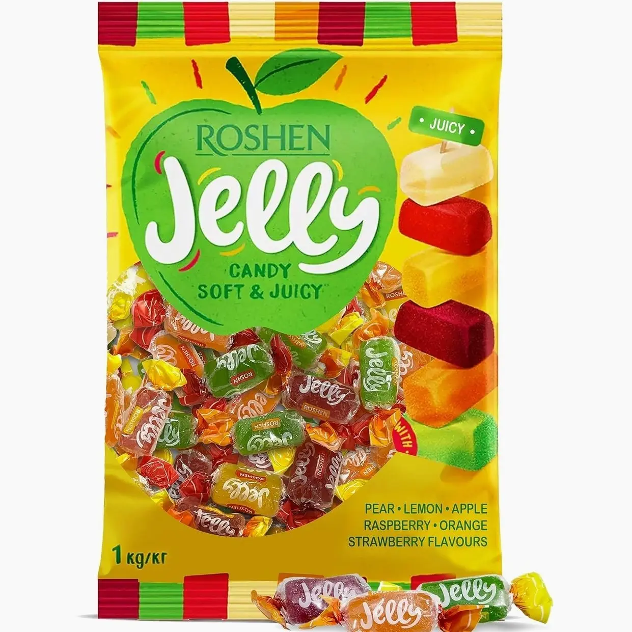 Roshen Jelly Candy, Mixed Fruit, 2.2 lb (1kg) Bulk Pack, Soft Fruit Jellies with Crystalline Sugar in Pear, Apple, Orange, Lemon, Strawberry & Raspberry Flavors, Individually Wrapped Gems, Pectin-Based, Kosher, Halal