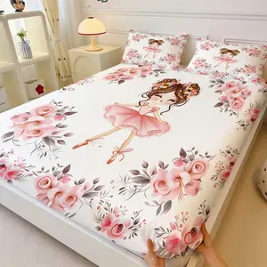 Cute Ballerina Print Fitted Sheet Set, Bed Sheet & 2 Pillowcases, Ultra-Soft Microfiber Bedding, Whimsical Pink Floral & Ballerina Design, Deep Pocket for Girls & All Mattresses, Charming Bedroom Decor for Toddlers & Girls