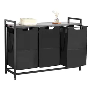Three-Section Laundry Sorter With Pull-Out Bags, Sturdy Metal Frame And Wooden Tabletop, Space-Saving Laundry Organizer For Home Or Apartment, Easy Assembly, Durable, Modern Design, Multi-Compartment Sorting System