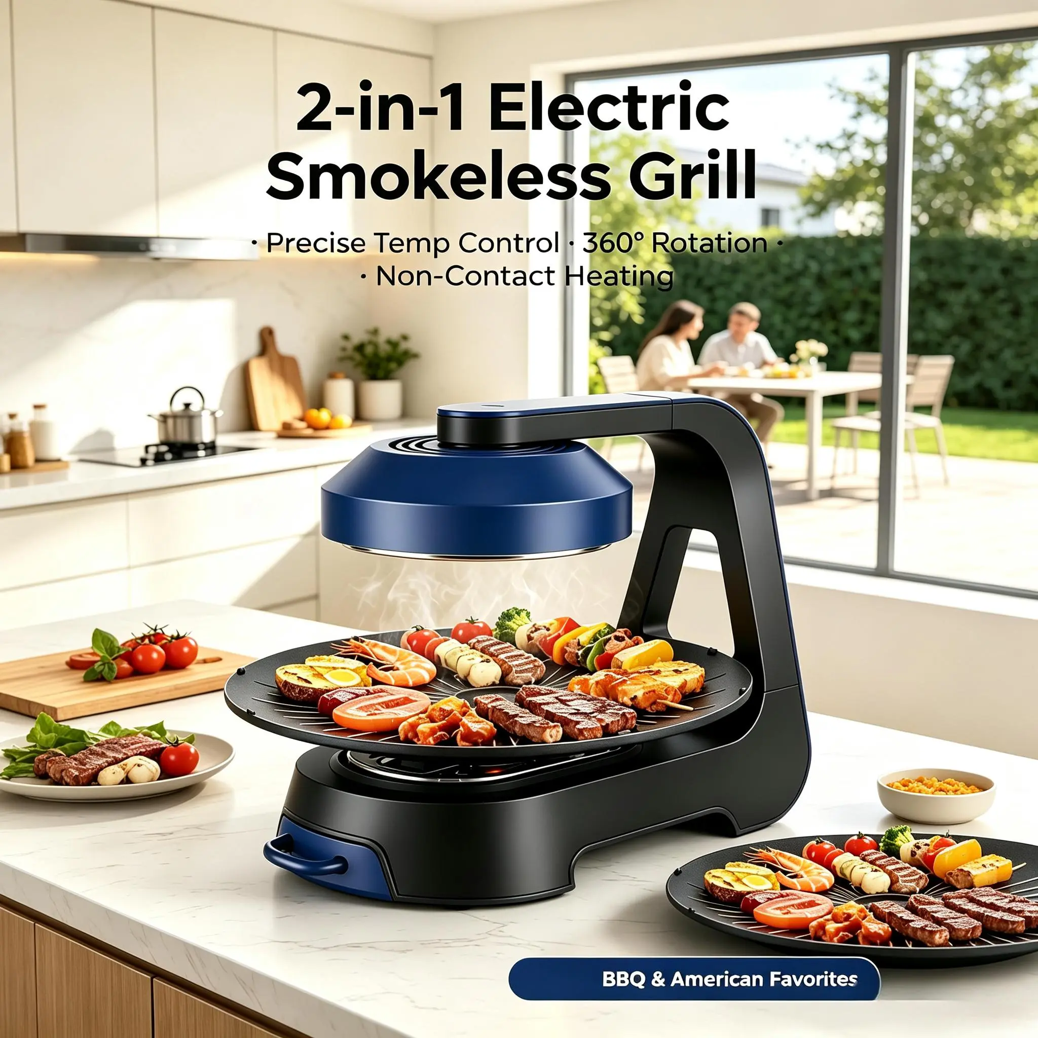 2 in 1 Electric Smokeless Indoor Grill with Precise Temperature Control , 360° Rotation & Non-Contact Heating for Korean BBQ, Non-Stick Removable Grill/Griddle Plates