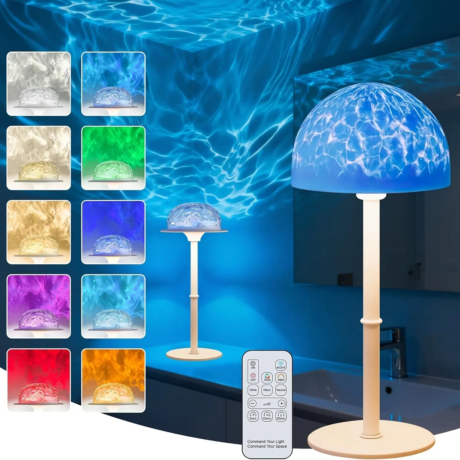 Shower Lamp, Cordless Bathroom Lamp with Remote & Touch Control, Rechargeable Shower Light with RGB Color Changeable Ocean Wave Projector, LED Table Lamp for Inside Shower, Bathtub, Bedroom