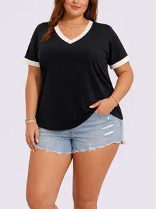Elegant Plus Size Women's Solid Color V-Neck Contrast Short Sleeve T-Shirt Top, Fashionable Casual Summer Wear, Comfortable and Stylish