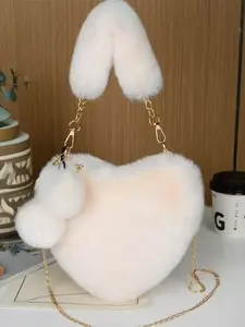 Women's Fashion Heart Design Fluffy Plush Crossbody Bag with Pom Pom Decoration, Cute Chain Strap Shoulder Novelty Bag for Daily Used