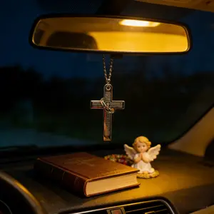 Christian Cross and Ring Set, Metal Bible Charm, Car Interior Decor, Daily Use Blessing Ornament, Religious Jewelry Gift, Car Interior Decoration