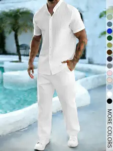 Men’s White Resort Wear Set, Stand Collar Shirt and Drawstring Trousers, Lightweight and Comfortable Spring & Summer Suit for Beach Vacations and Casual Events