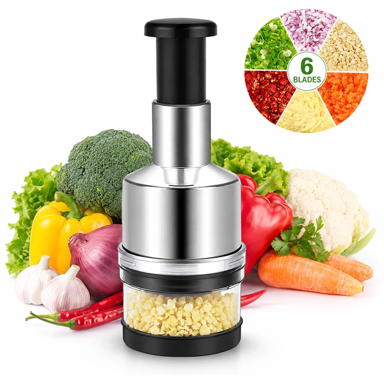 Food Chopper, Manual Vegetable Chopper Cutter, Slap Onion Cutter | Hand Chopper for Veggie Onions Garlic Nuts Salads, Fast & Even Chopping, Sharp Stainless Steel Blade, Dishwasher Safe