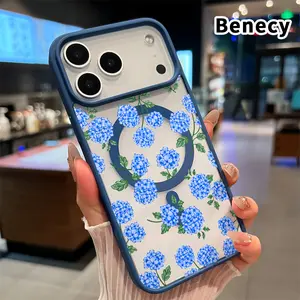 Magnetic Phone Case for iPhone 17 16  Pro Max Plus 15 14 13 12 11 Air E Blue Hydrangea Dream Pattern Anti-Yellowing Shockproof ultra-thin Silicone Crystal Transparent Acrylic Cover Supports Wireless Charging