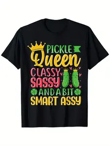 Pickle Queen Classy Sassy And A Bit Smart Assy T-Shirt, Suitable for Unisex Personality Casual Round Neck Outdoor Short-Sleeved T-Shirt, Men'S Summer Clothes, Mens T Shirt, Slightly Elastic, 100% Cotton, S-XXXL