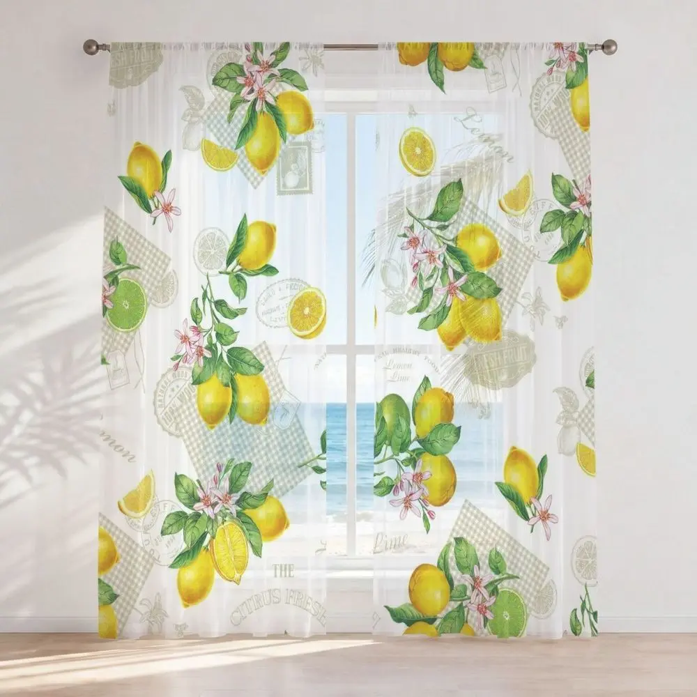 2pcs vintage orange, lemon, lime plant pattern polyester rod pocket curtains, checkered, privacy-protecting sheer curtains, suitable for living room, dining room, bedroom, kitchen, machine washable, Sheer Printed Curtains