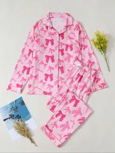 Women's Long Sleeve PJS, Bow Print Sleepwear, Pajama Set, Comfortable Fabric, Breathable & Lightweight Design, Casual Home Wear