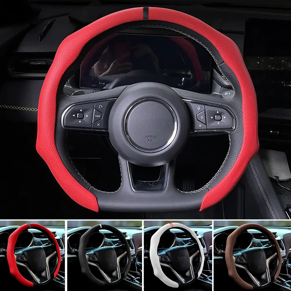 Nappa Leather Steering Wheel Cover, Non-Slip Grip for Universal Cars,Fit for 14–16 Inch Wheels, Interior Accessories for Cars Trucks (Red Black)