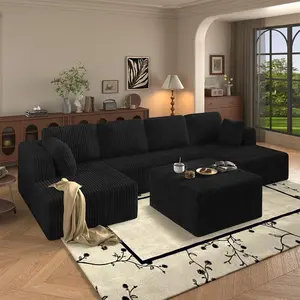Niccae [2Packs Shipped] 132-Inch U-Shaped Corduroy Upholstered Sofa Couch - Modern Boneless Cloud Sectional, Frameless Ottoman, No-Assembly Compressed Multi-Person for Couples' Living Room, Apartment Furniture