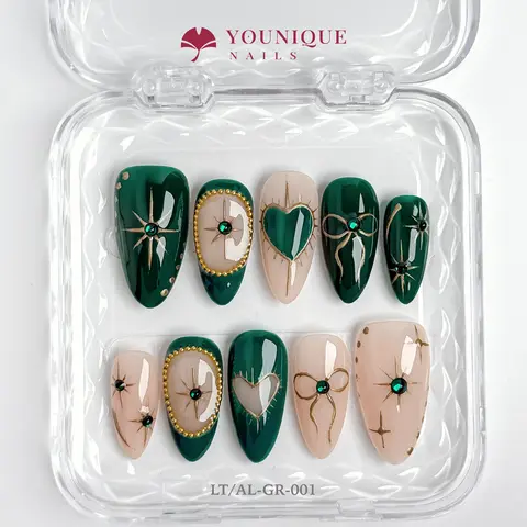 Younique Nails HOLIDAY JEWEL DESIGN COLLECTION Handmade Reusable Acrylic Set Kit Luxury Glossy Press-On Salon Quality Fake Press On Tip Week Wear Short Shape Floral Detail Nude French Y2K Baddie Style Rhinestone Mixed Multi Pearl Different Size